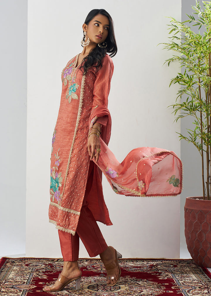 Buy Now Orange Fancy Crush Floral Straight Salwar Suit Online in US, UK, Canada, Germany, Italy, France, Australia, Norway, UAE & Worldwide at Empress Clothing.