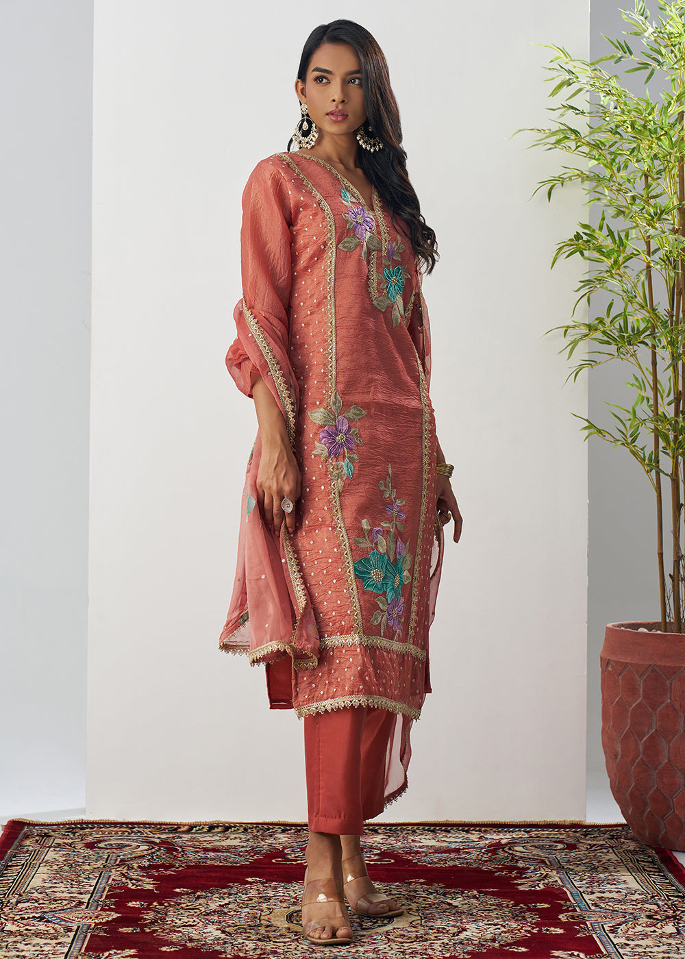 Buy Now Orange Fancy Crush Floral Straight Salwar Suit Online in US, UK, Canada, Germany, Italy, France, Australia, Norway, UAE & Worldwide at Empress Clothing.