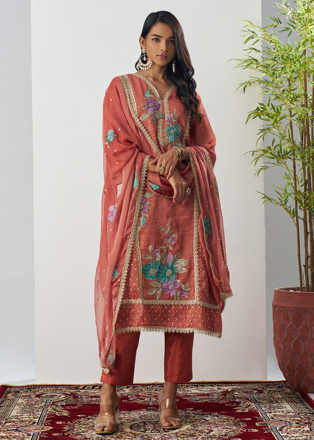 Buy Now Orange Fancy Crush Floral Straight Salwar Suit Online in US, UK, Canada, Germany, Italy, France, Australia, Norway, UAE & Worldwide at Empress Clothing.