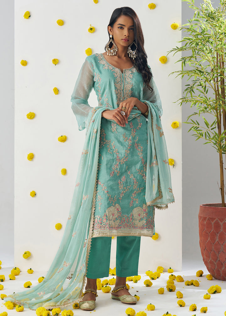Buy Now Firozi Blue Fancy Crush Embroidered Festive Salwar Suit Online in USA, UK, Canada, Germany, Italy, France, Austria, UAE & Worldwide at Empress Clothing.