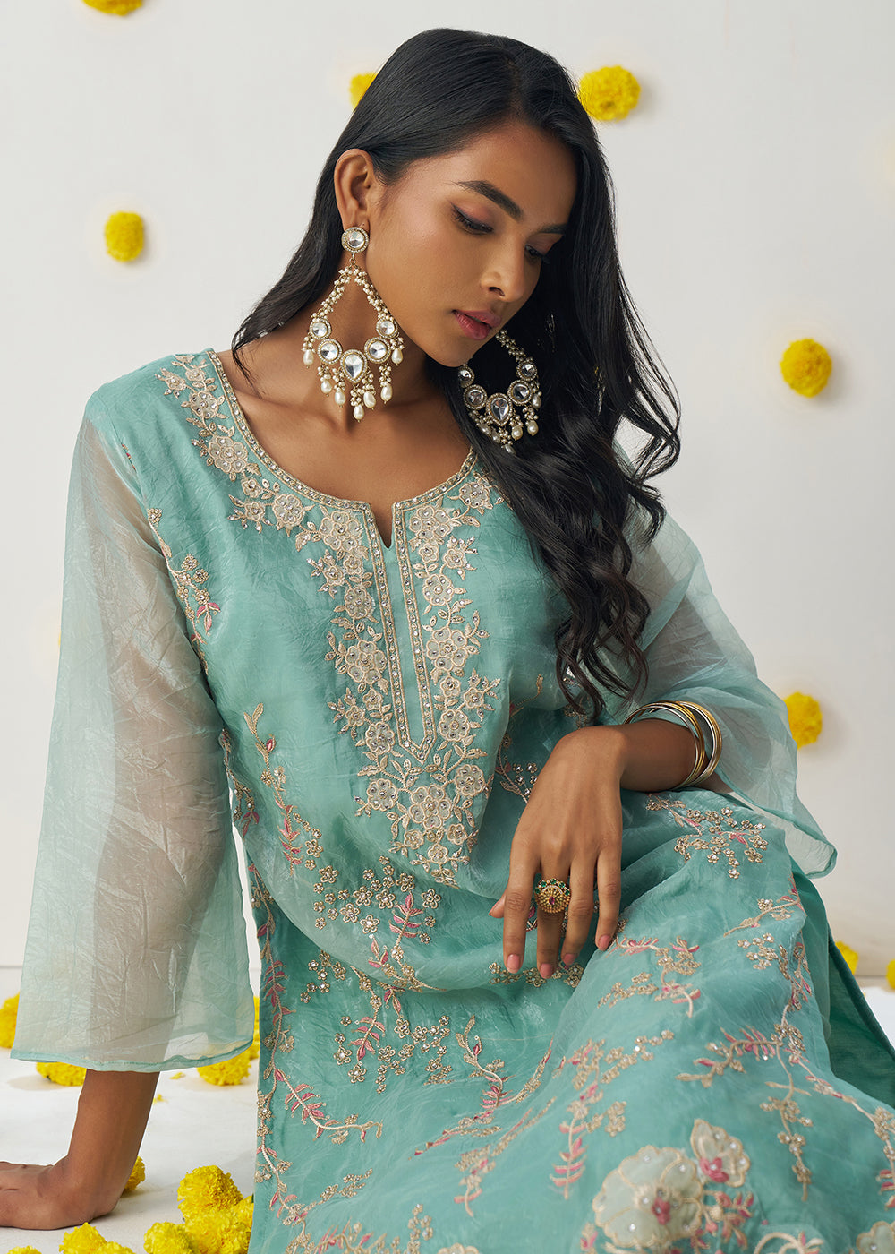 Buy Now Firozi Blue Fancy Crush Embroidered Festive Salwar Suit Online in USA, UK, Canada, Germany, Italy, France, Austria, UAE & Worldwide at Empress Clothing.