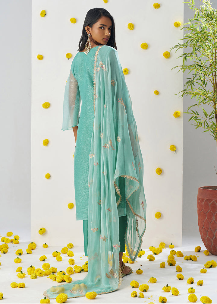 Buy Now Firozi Blue Fancy Crush Embroidered Festive Salwar Suit Online in USA, UK, Canada, Germany, Italy, France, Austria, UAE & Worldwide at Empress Clothing.