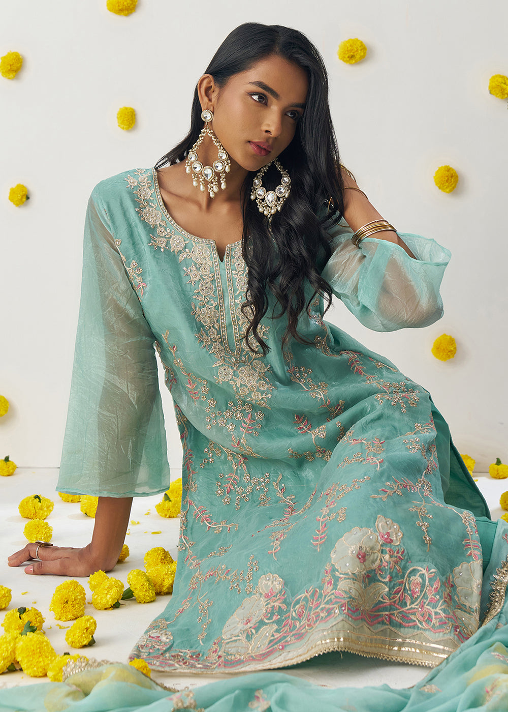 Buy Now Firozi Blue Fancy Crush Embroidered Festive Salwar Suit Online in USA, UK, Canada, Germany, Italy, France, Austria, UAE & Worldwide at Empress Clothing.