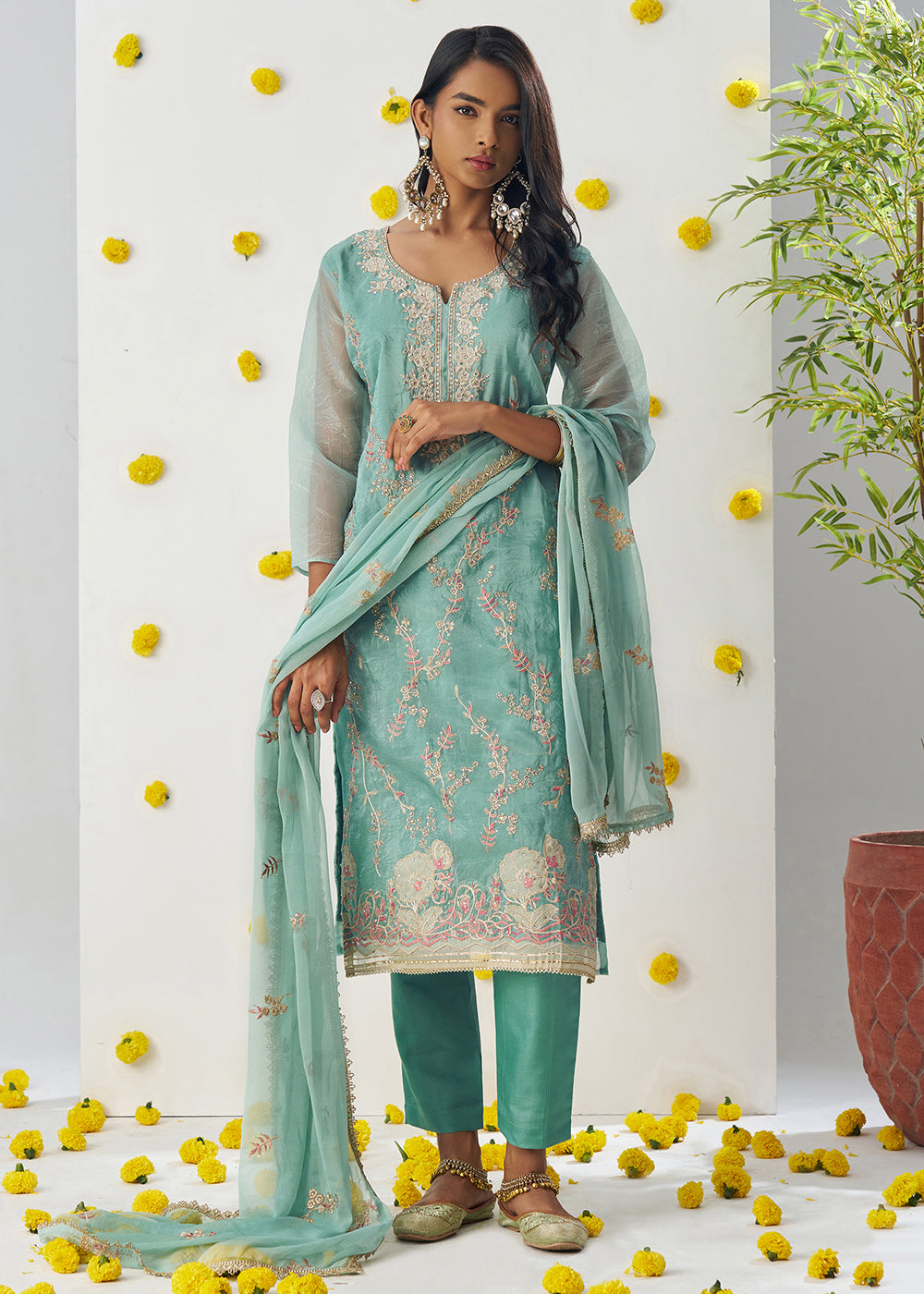 Buy Now Firozi Blue Fancy Crush Embroidered Festive Salwar Suit Online in USA, UK, Canada, Germany, Italy, France, Austria, UAE & Worldwide at Empress Clothing.