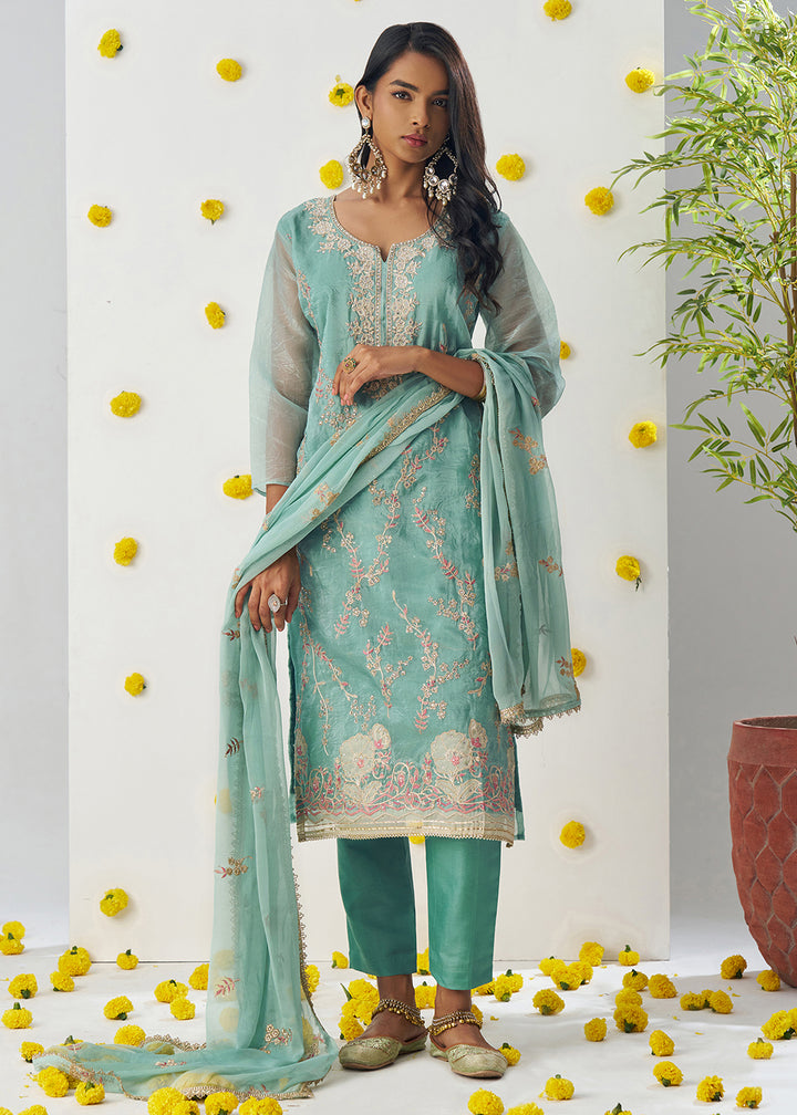 Buy Now Firozi Blue Fancy Crush Embroidered Festive Salwar Suit Online in USA, UK, Canada, Germany, Italy, France, Austria, UAE & Worldwide at Empress Clothing.
