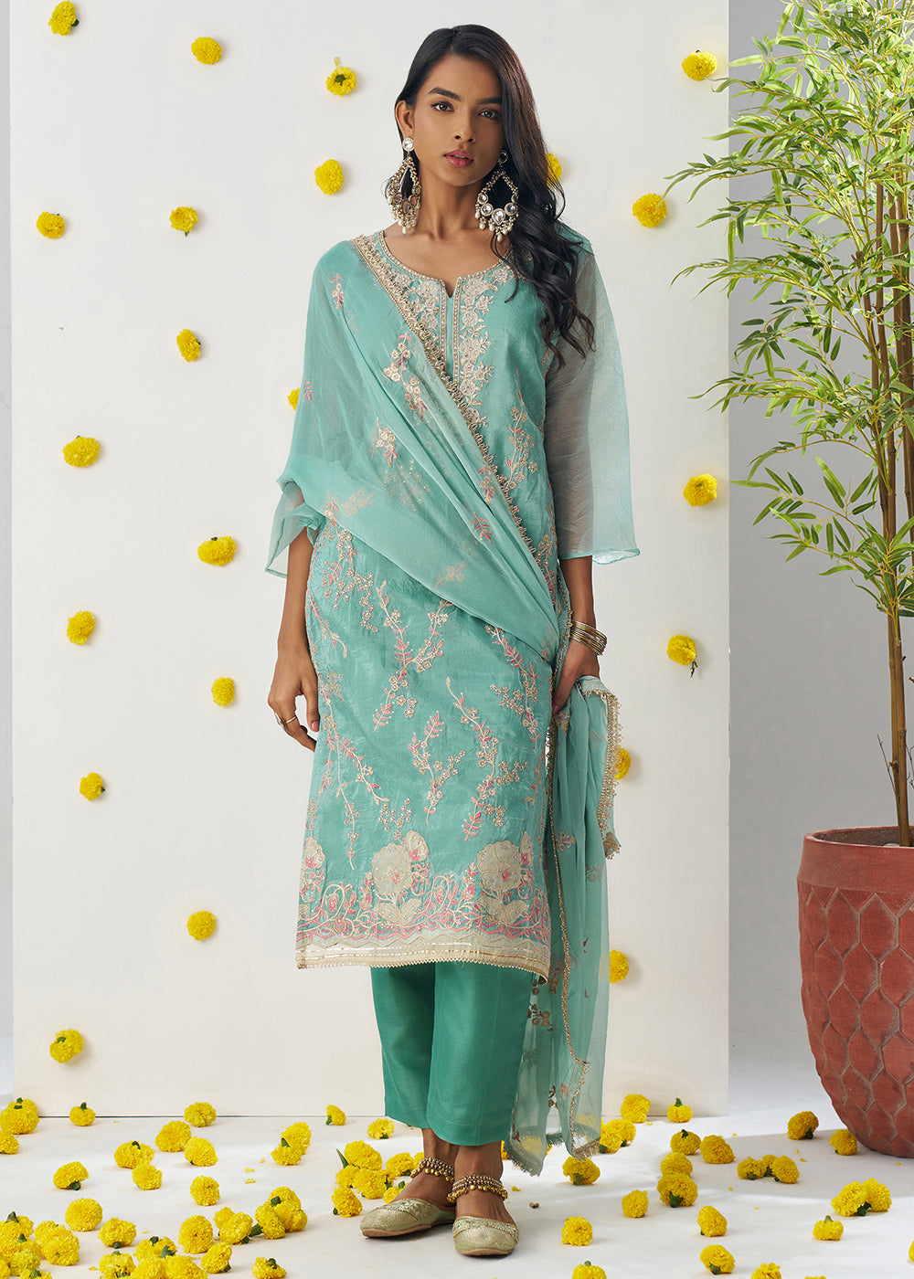 Buy Now Firozi Blue Fancy Crush Embroidered Festive Salwar Suit Online in USA, UK, Canada, Germany, Italy, France, Austria, UAE & Worldwide at Empress Clothing.