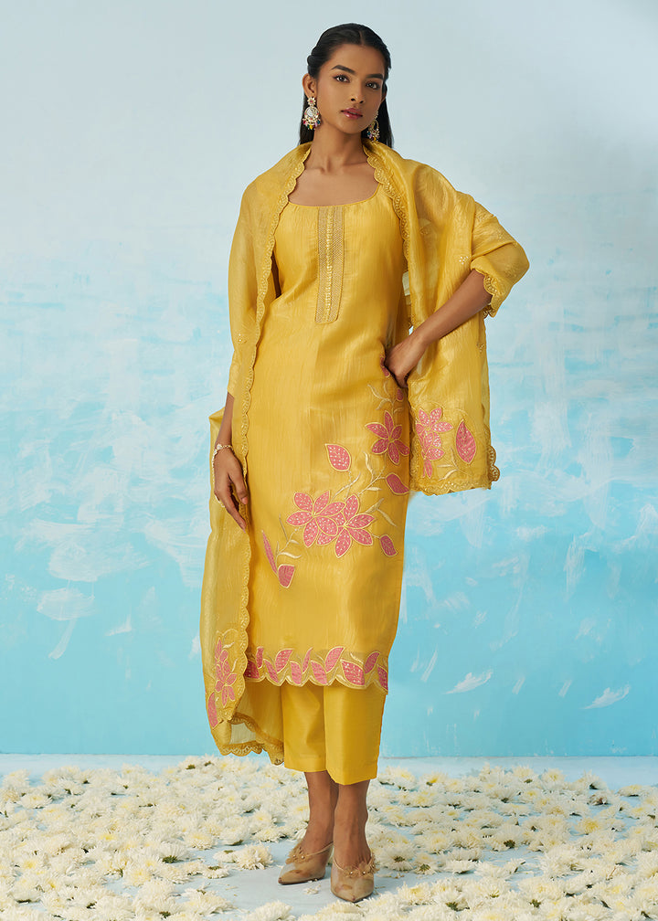 Buy Now Fancy Crushed Fabric Yellow Embroidered Salwar Kameez Online in USA, UK, Canada, Germany, Italy, France, Austria, UAE & Worldwide at Empress Clothing.