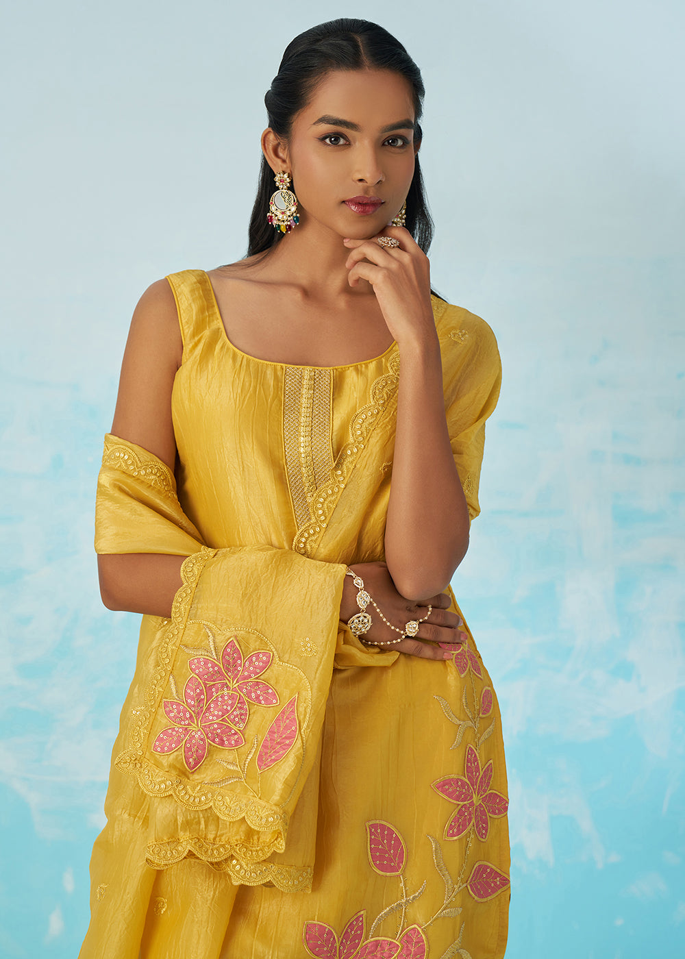 Buy Now Fancy Crushed Fabric Yellow Embroidered Salwar Kameez Online in USA, UK, Canada, Germany, Italy, France, Austria, UAE & Worldwide at Empress Clothing.