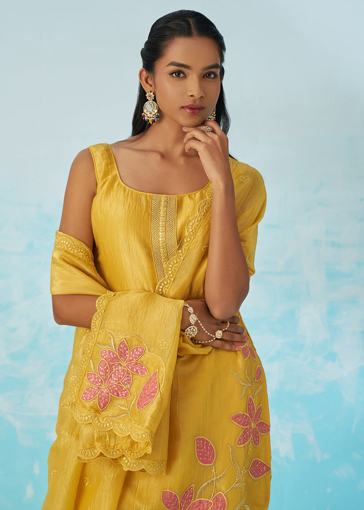 Buy Now Fancy Crushed Fabric Yellow Embroidered Salwar Kameez Online in USA, UK, Canada, Germany, Italy, France, Austria, UAE & Worldwide at Empress Clothing.