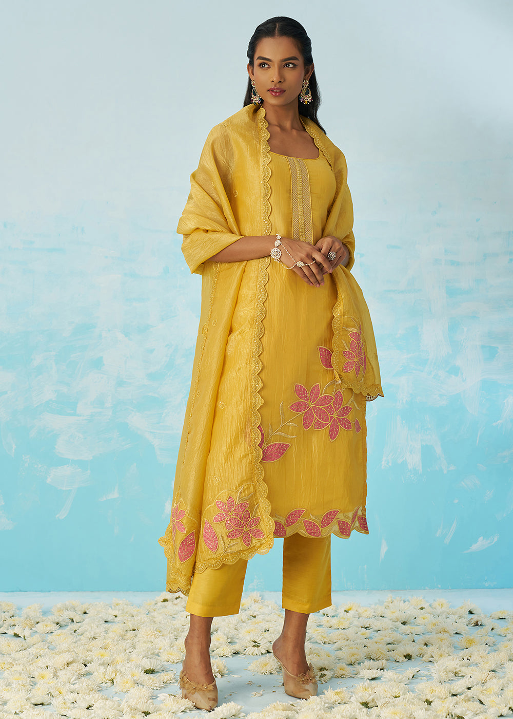 Buy Now Fancy Crushed Fabric Yellow Embroidered Salwar Kameez Online in USA, UK, Canada, Germany, Italy, France, Austria, UAE & Worldwide at Empress Clothing.