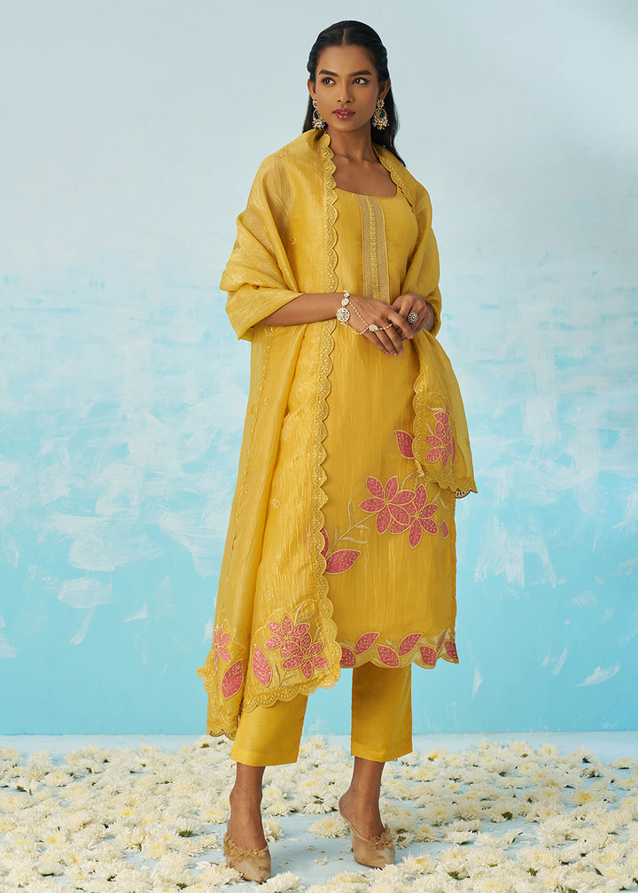 Buy Now Fancy Crushed Fabric Yellow Embroidered Salwar Kameez Online in USA, UK, Canada, Germany, Italy, France, Austria, UAE & Worldwide at Empress Clothing.