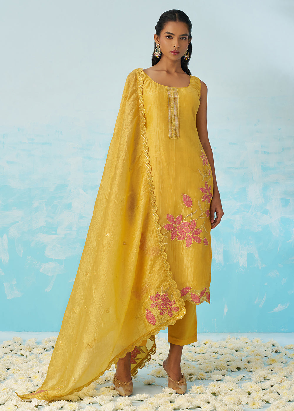 Buy Now Fancy Crushed Fabric Yellow Embroidered Salwar Kameez Online in USA, UK, Canada, Germany, Italy, France, Austria, UAE & Worldwide at Empress Clothing.