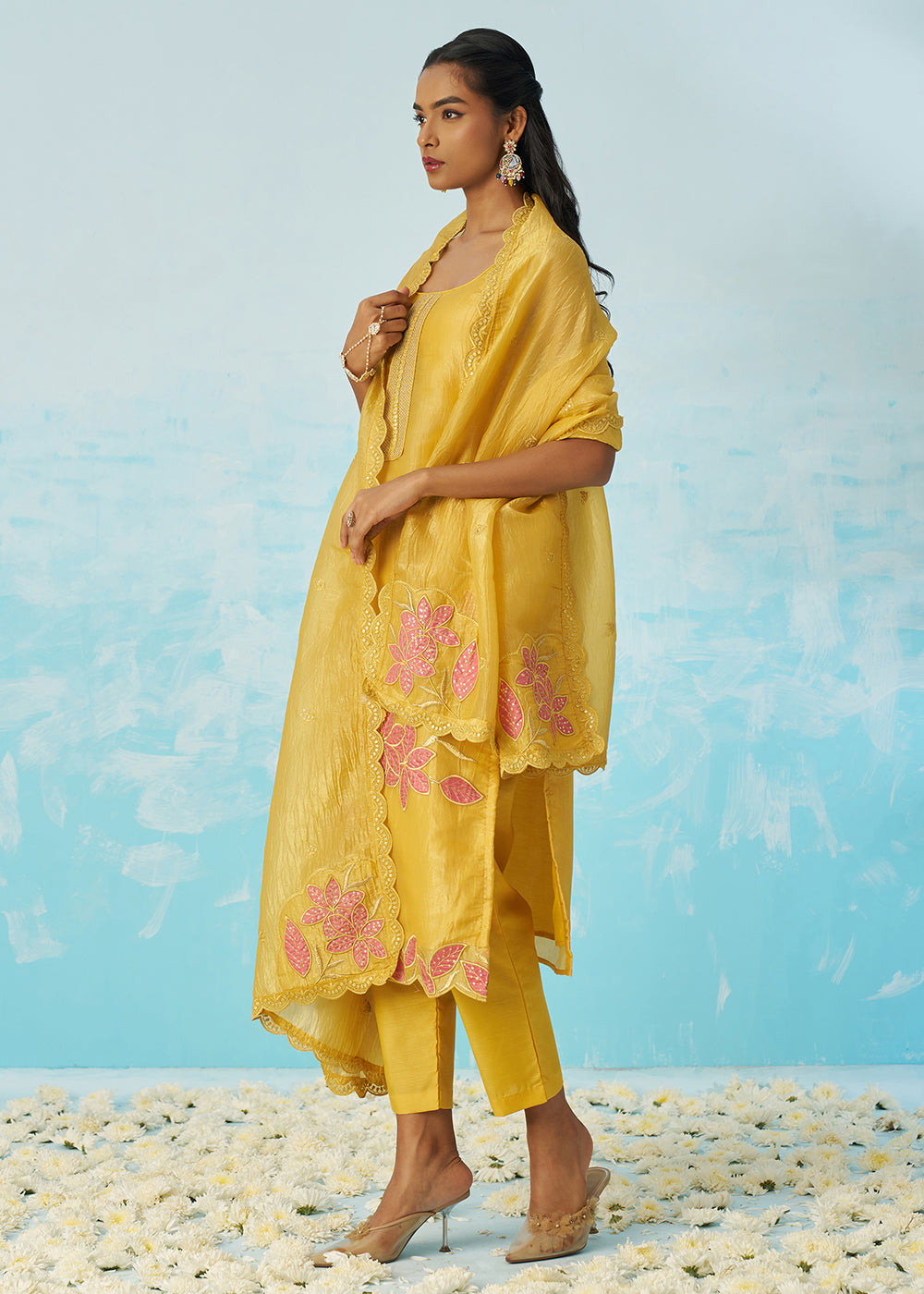 Buy Now Fancy Crushed Fabric Yellow Embroidered Salwar Kameez Online in USA, UK, Canada, Germany, Italy, France, Austria, UAE & Worldwide at Empress Clothing.