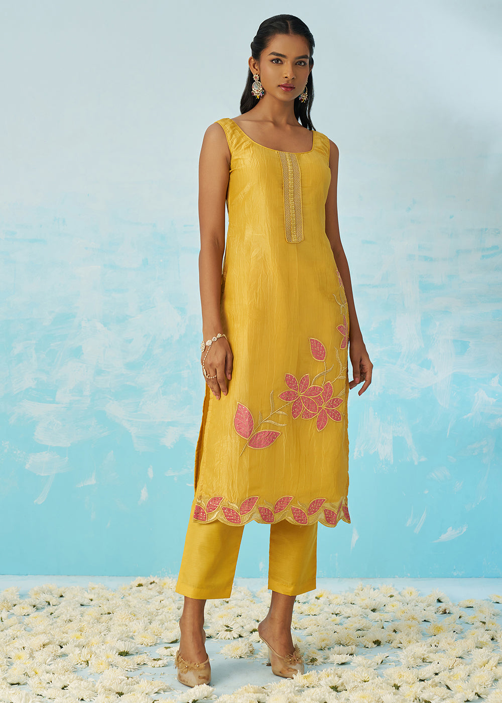 Buy Now Fancy Crushed Fabric Yellow Embroidered Salwar Kameez Online in USA, UK, Canada, Germany, Italy, France, Austria, UAE & Worldwide at Empress Clothing.
