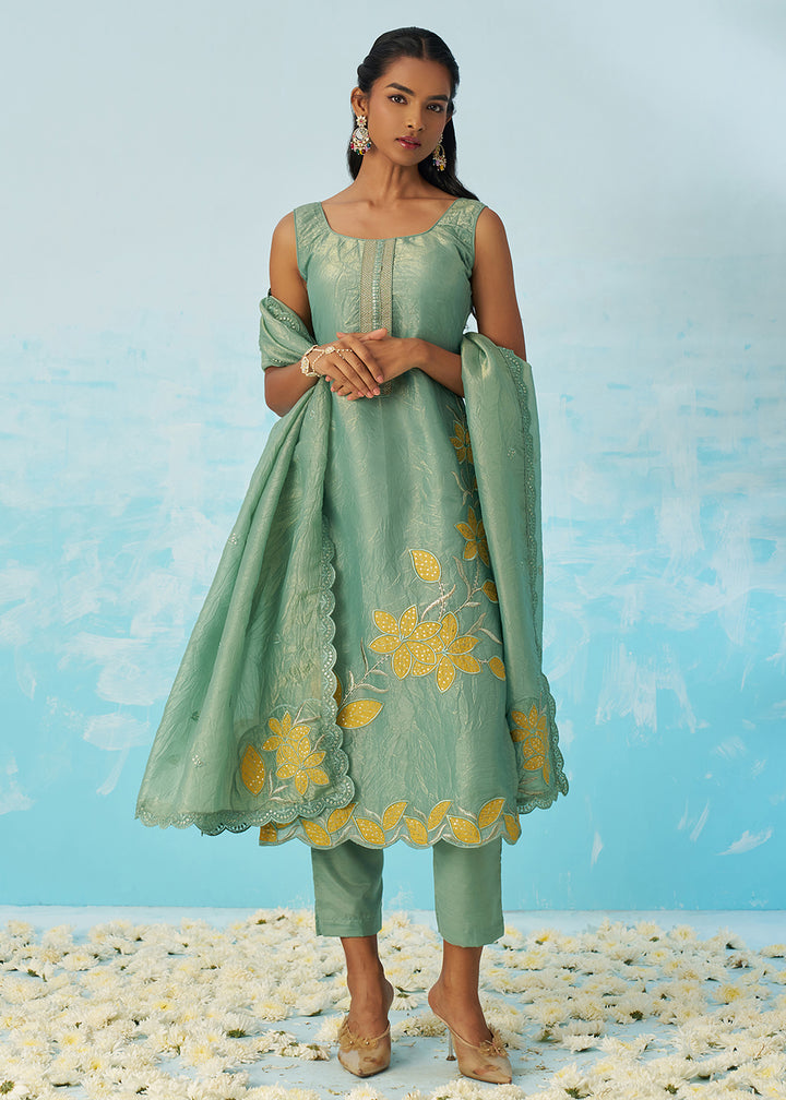 Buy Now Fancy Crushed Fabric Green Embroidered Salwar Kameez Online in USA, UK, Canada, Germany, Italy, France, Austria, UAE & Worldwide at Empress Clothing.