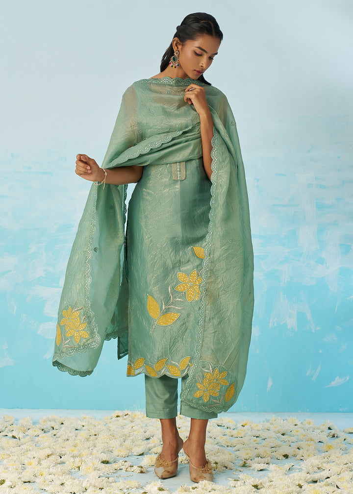 Buy Now Fancy Crushed Fabric Green Embroidered Salwar Kameez Online in USA, UK, Canada, Germany, Italy, France, Austria, UAE & Worldwide at Empress Clothing.