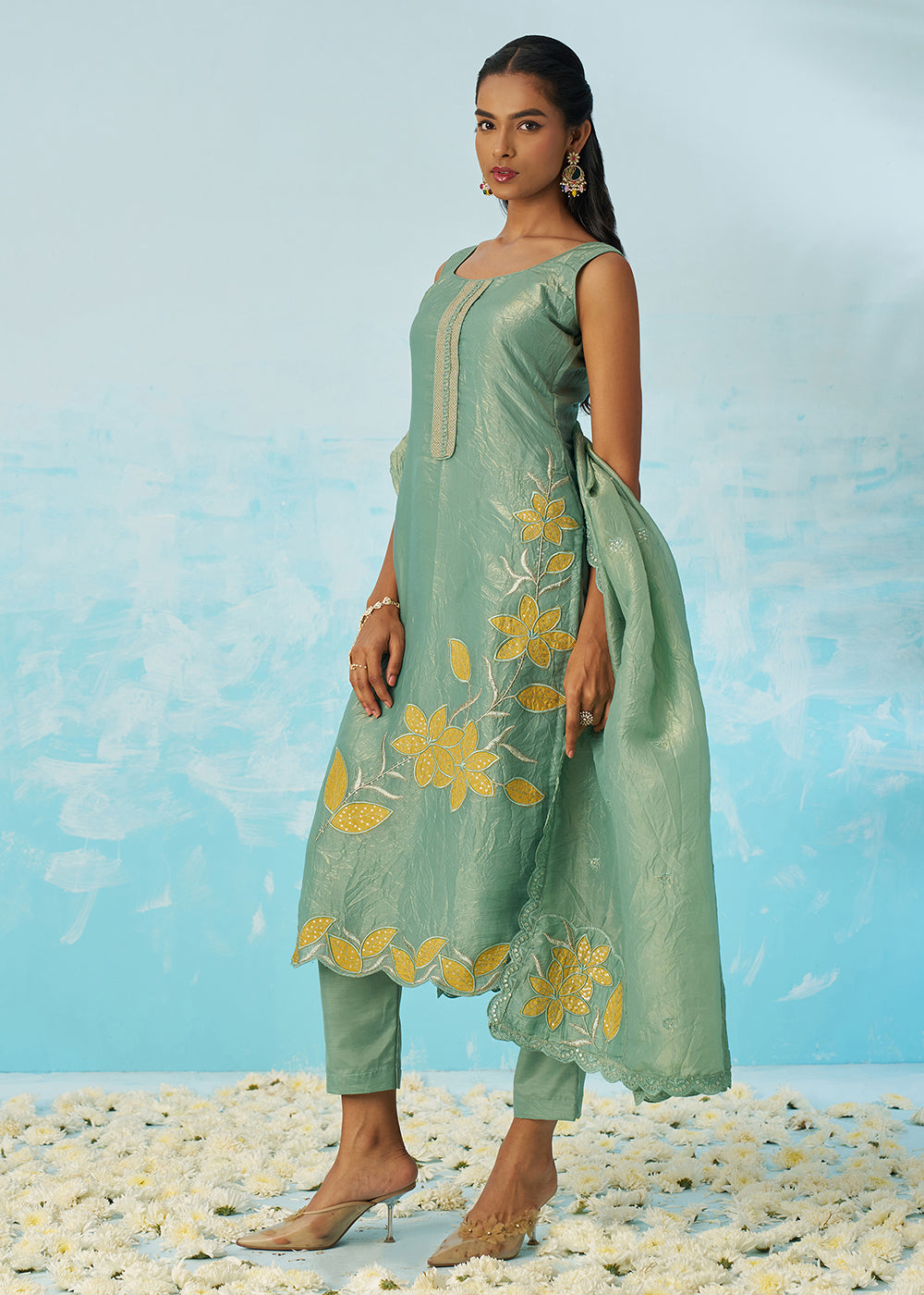 Buy Now Fancy Crushed Fabric Green Embroidered Salwar Kameez Online in USA, UK, Canada, Germany, Italy, France, Austria, UAE & Worldwide at Empress Clothing.