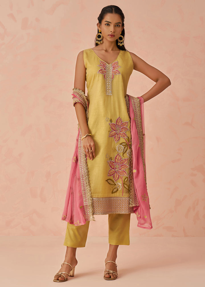 Buy Now Yellow Fancy Crush Embroidered Festive Salwar Kurta Suit Online in USA, UK, Canada, Germany, Italy, France, Austria, UAE & Worldwide at Empress Clothing.