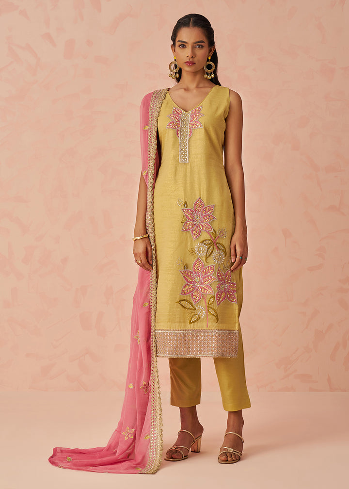Buy Now Yellow Fancy Crush Embroidered Festive Salwar Kurta Suit Online in USA, UK, Canada, Germany, Italy, France, Austria, UAE & Worldwide at Empress Clothing.