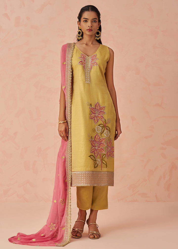 Buy Now Yellow Fancy Crush Embroidered Festive Salwar Kurta Suit Online in USA, UK, Canada, Germany, Italy, France, Austria, UAE & Worldwide at Empress Clothing.