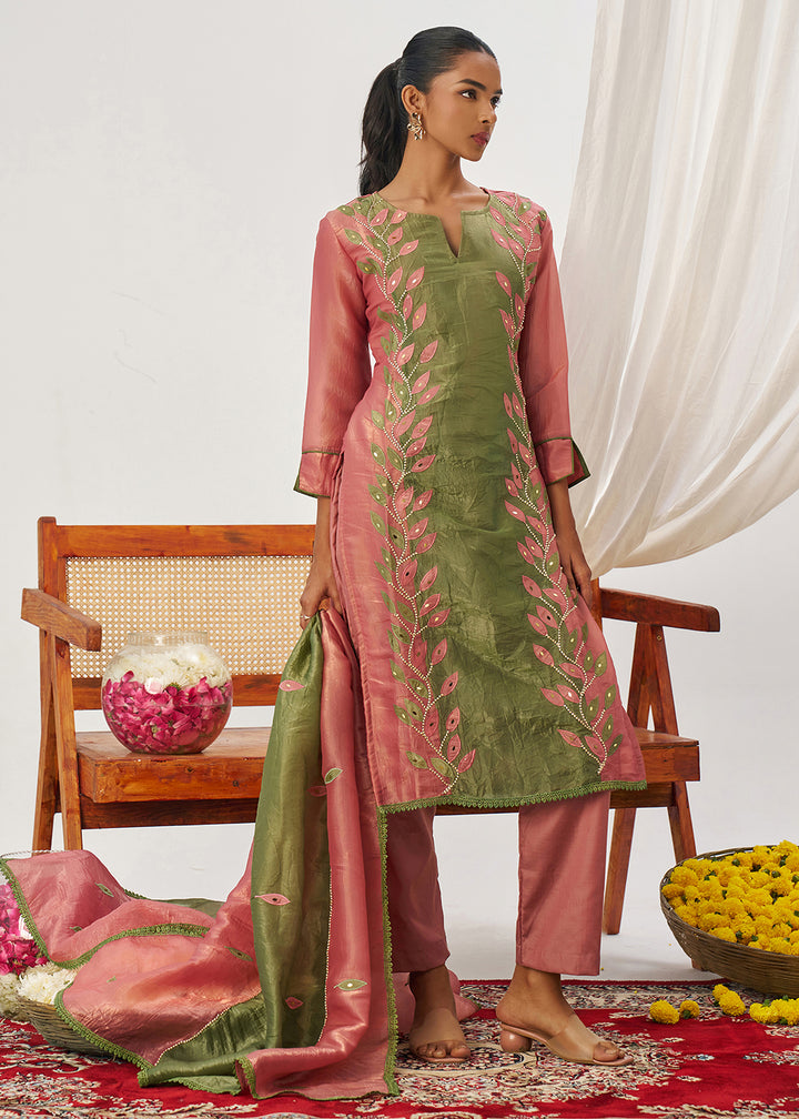 Buy Now Pink & Green Fancy Crush Pant Style Salwar Suit Online in US, UK, Canada, Germany, Italy, France, Austria, Denmark, Australia & Worldwide at Empress.