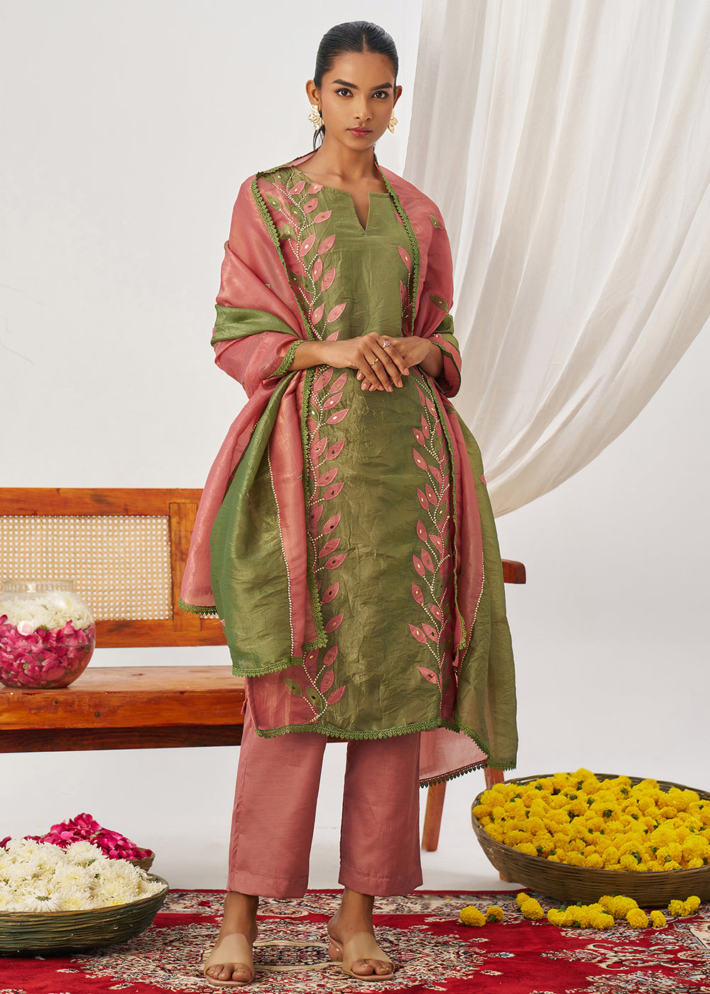 Buy Now Pink & Green Fancy Crush Pant Style Salwar Suit Online in US, UK, Canada, Germany, Italy, France, Austria, Denmark, Australia & Worldwide at Empress.