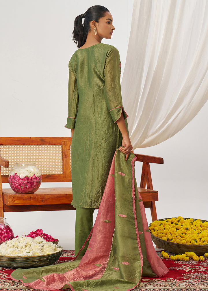 Buy Now Green & Pink Fancy Crush Pant Style Salwar Suit Online in US, UK, Canada, Germany, Italy, France, Austria, Denmark, Australia & Worldwide at Empress.