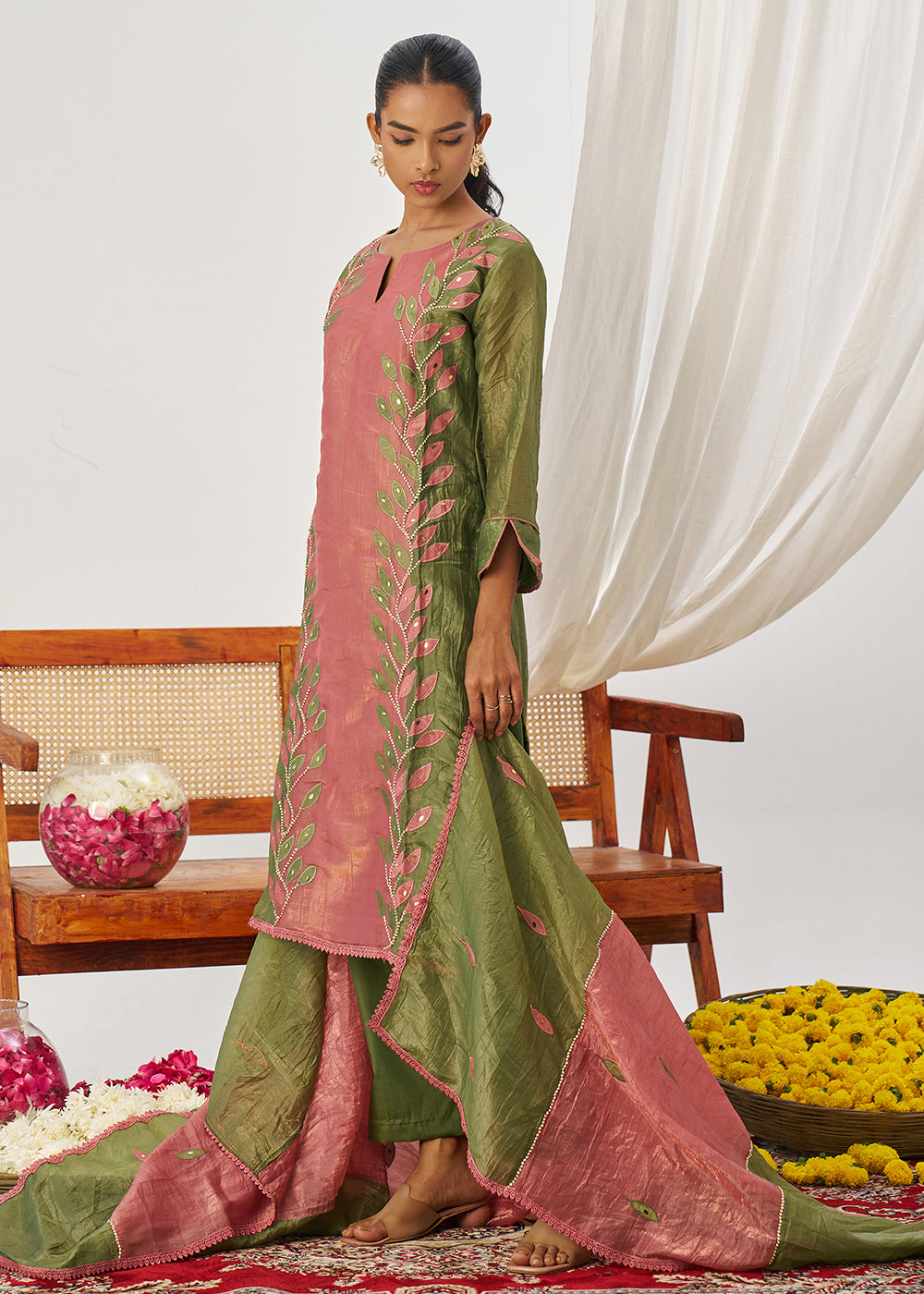 Buy Now Green & Pink Fancy Crush Pant Style Salwar Suit Online in US, UK, Canada, Germany, Italy, France, Austria, Denmark, Australia & Worldwide at Empress.