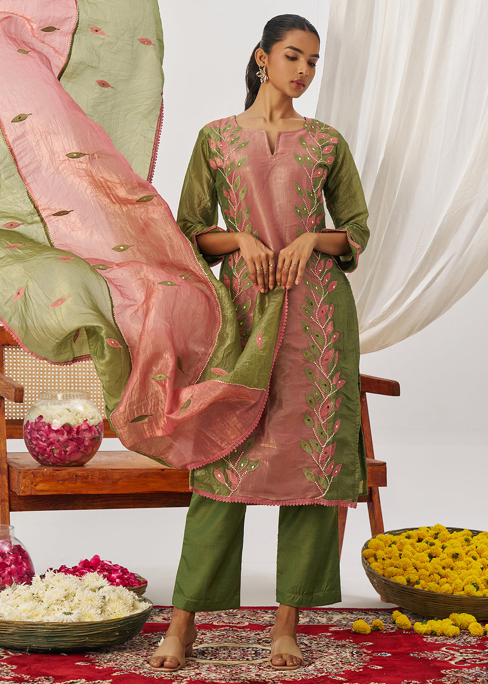 Buy Now Green & Pink Fancy Crush Pant Style Salwar Suit Online in US, UK, Canada, Germany, Italy, France, Austria, Denmark, Australia & Worldwide at Empress.