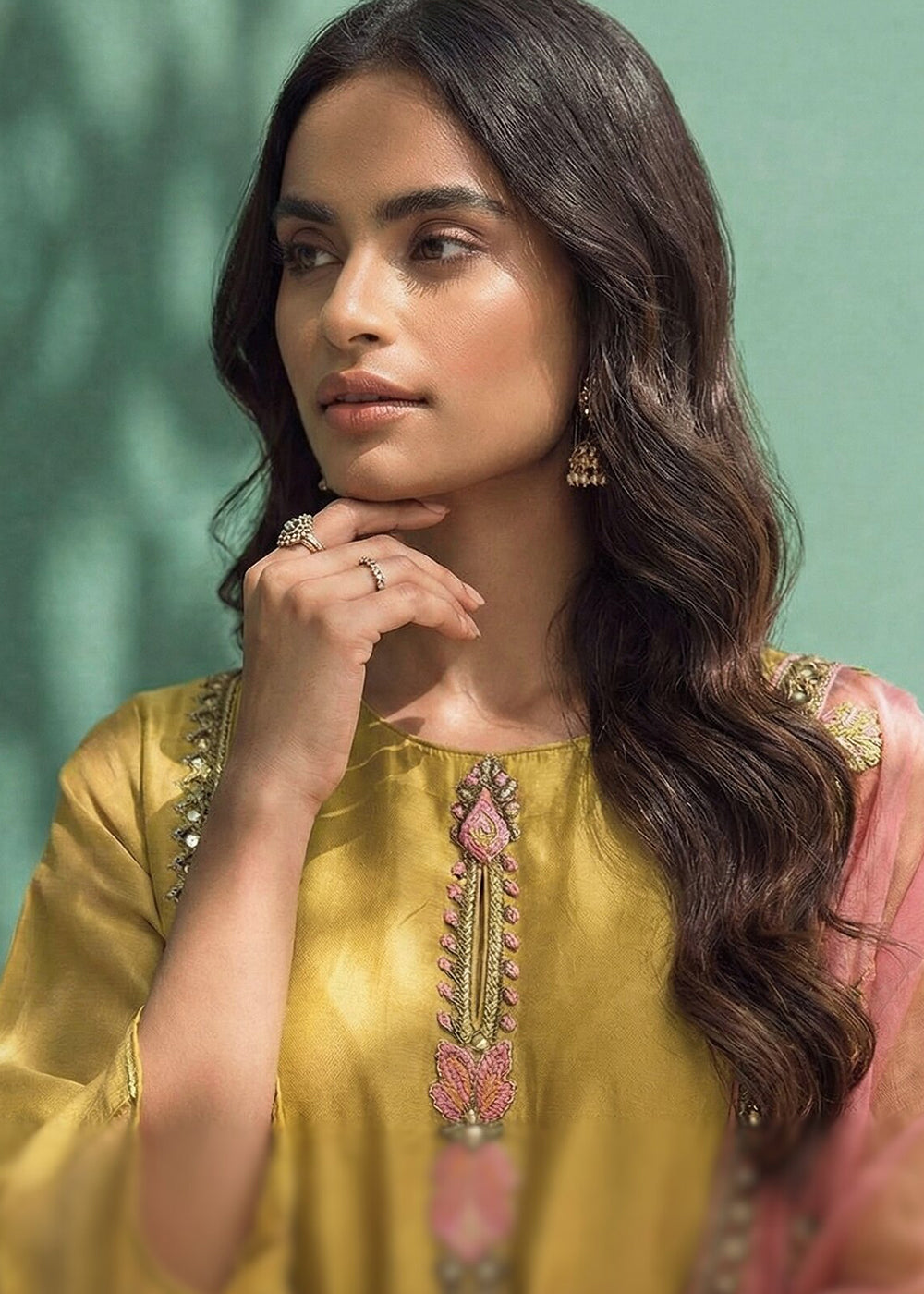 Buy Now Mustard Fancy Zari Fabric Pant Style Salwar Suit Online in New York, Los Angeles, San Jose, Chicago, Houston, Fremont, Dubai & Worldwide at Empress.