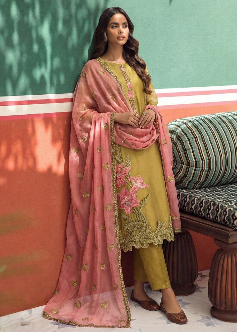 Buy Now Mustard Fancy Zari Fabric Pant Style Salwar Suit Online in New York, Los Angeles, San Jose, Chicago, Houston, Fremont, Dubai & Worldwide at Empress.