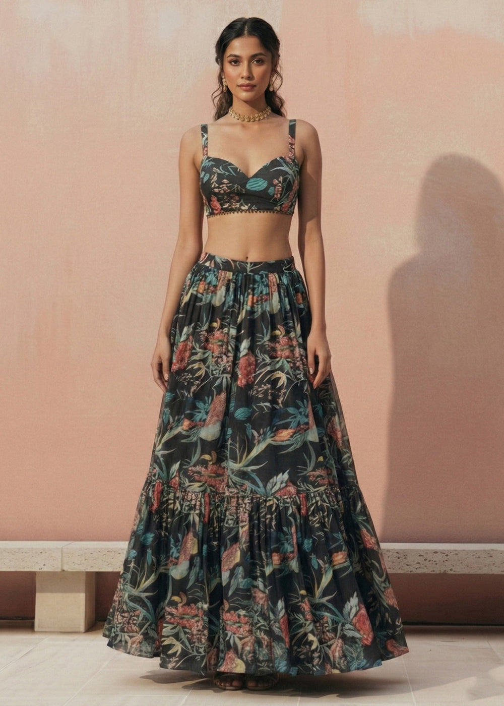 Buy Now Floral Printed Black Georgette Crop Top Lehenga Choli Online in US, UK, Canada, France, Germany, Sweden, Greece, Denmark, UAE & Worldwide at Empress.