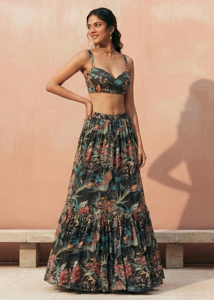 Buy Now Floral Printed Black Georgette Crop Top Lehenga Choli Online in US, UK, Canada, France, Germany, Sweden, Greece, Denmark, UAE & Worldwide at Empress.