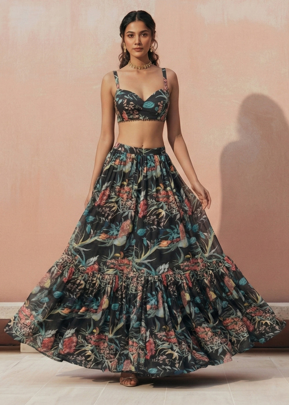 Buy Now Floral Printed Black Georgette Crop Top Lehenga Choli Online in US, UK, Canada, France, Germany, Sweden, Greece, Denmark, UAE & Worldwide at Empress.