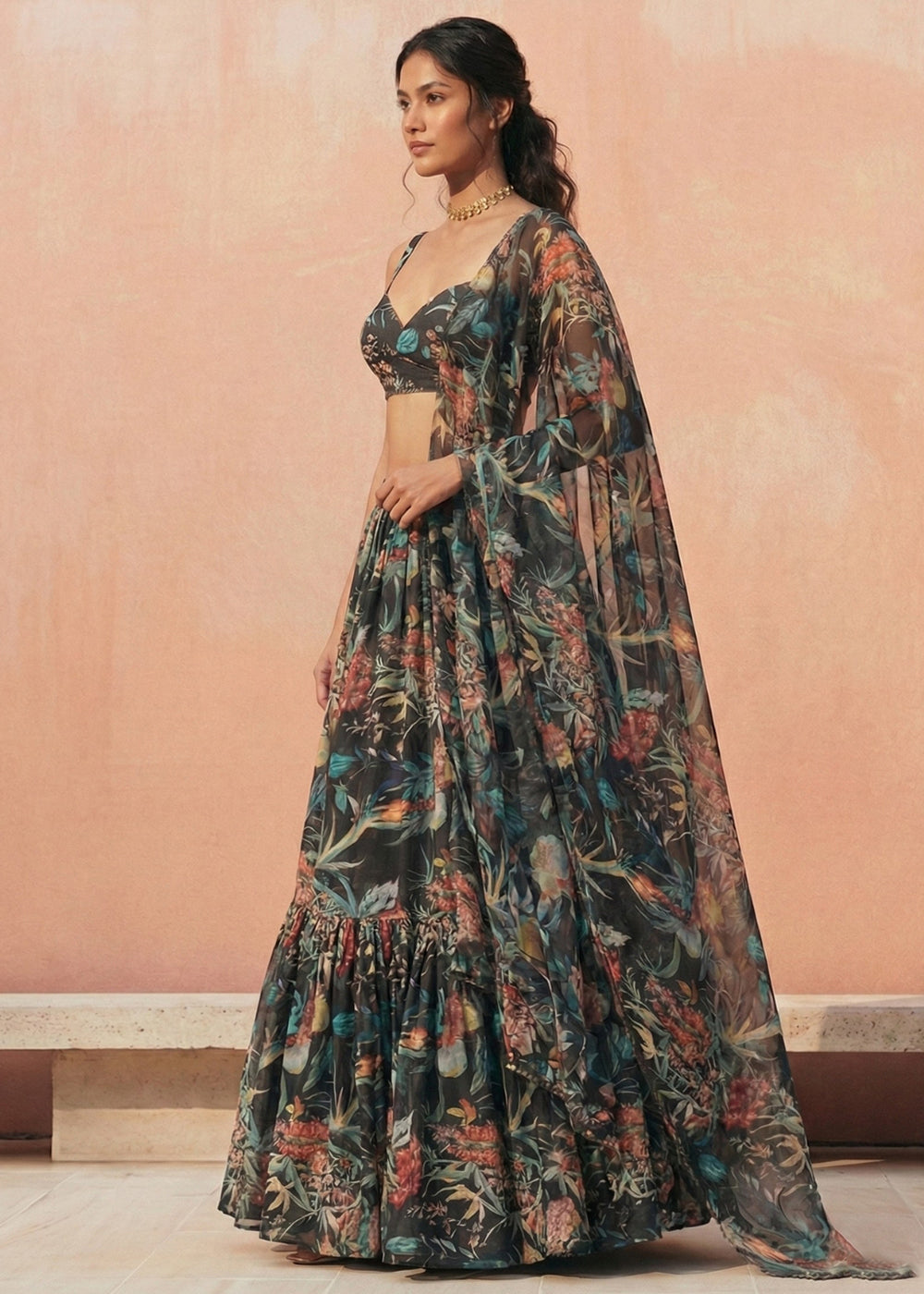 Buy Now Floral Printed Black Georgette Crop Top Lehenga Choli Online in US, UK, Canada, France, Germany, Sweden, Greece, Denmark, UAE & Worldwide at Empress.