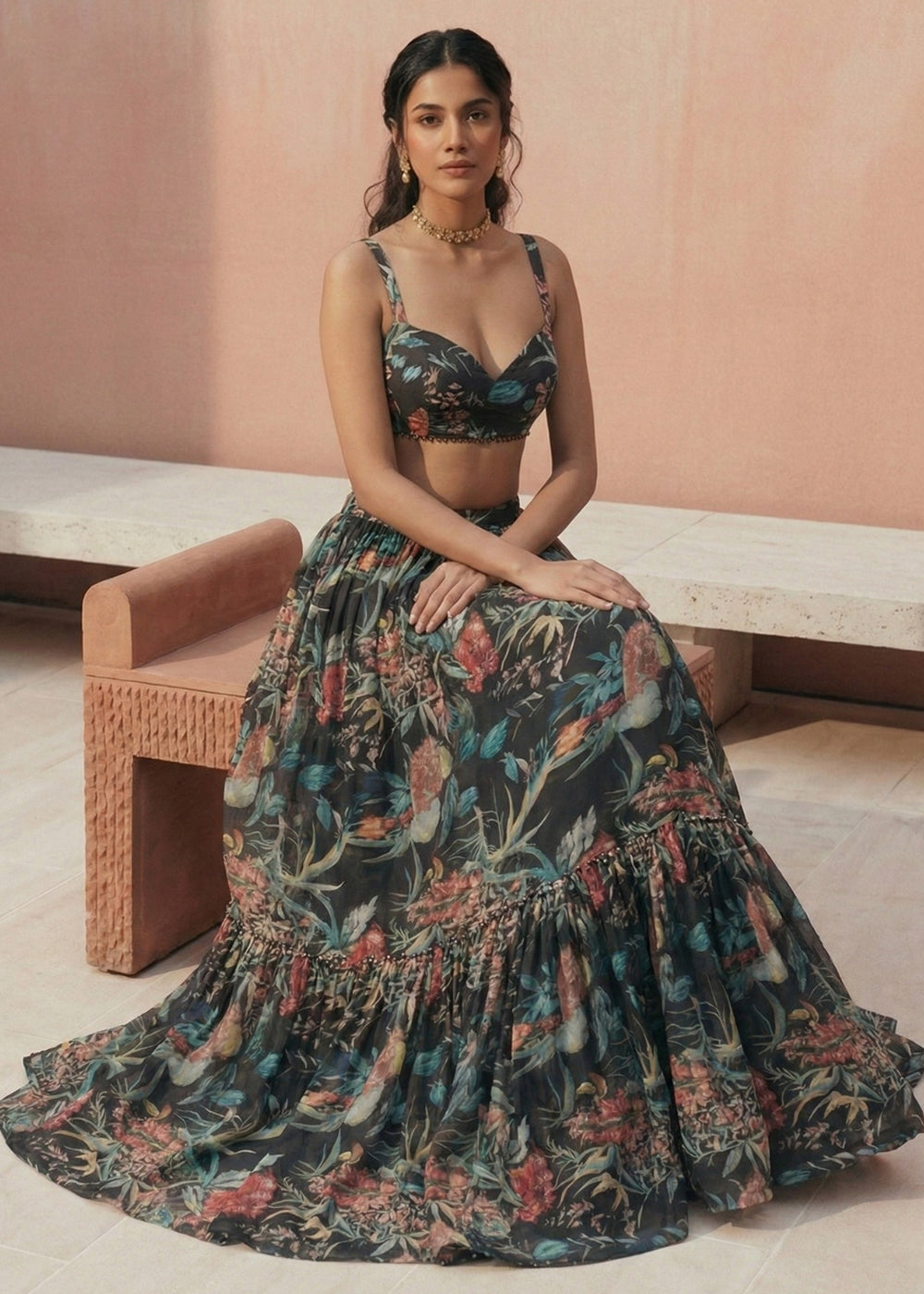 Buy Now Floral Printed Black Georgette Crop Top Lehenga Choli Online in US, UK, Canada, France, Germany, Sweden, Greece, Denmark, UAE & Worldwide at Empress.