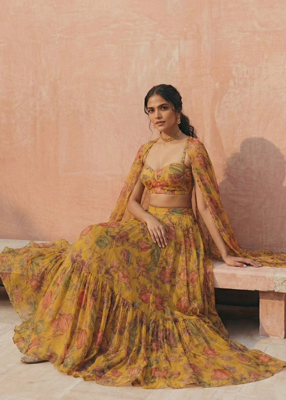 Buy Now Floral Printed Yellow Georgette Crop Top Lehenga Choli Online in US, UK, Canada, France, Germany, Sweden, Greece, Denmark, UAE & Worldwide at Empress.