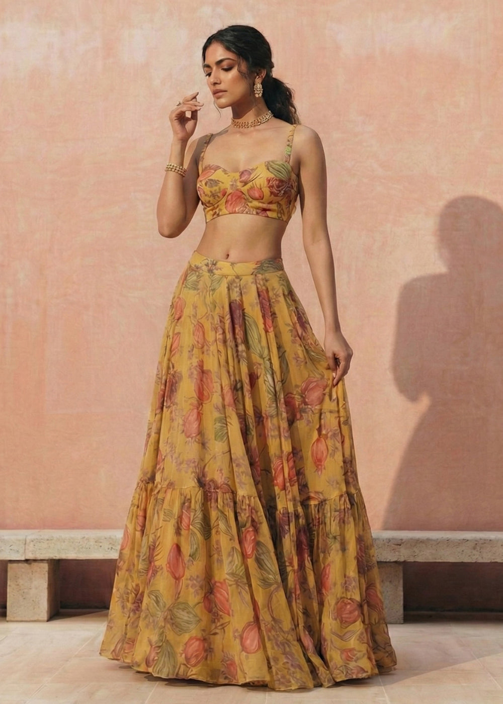 Buy Now Floral Printed Yellow Georgette Crop Top Lehenga Choli Online in US, UK, Canada, France, Germany, Sweden, Greece, Denmark, UAE & Worldwide at Empress.