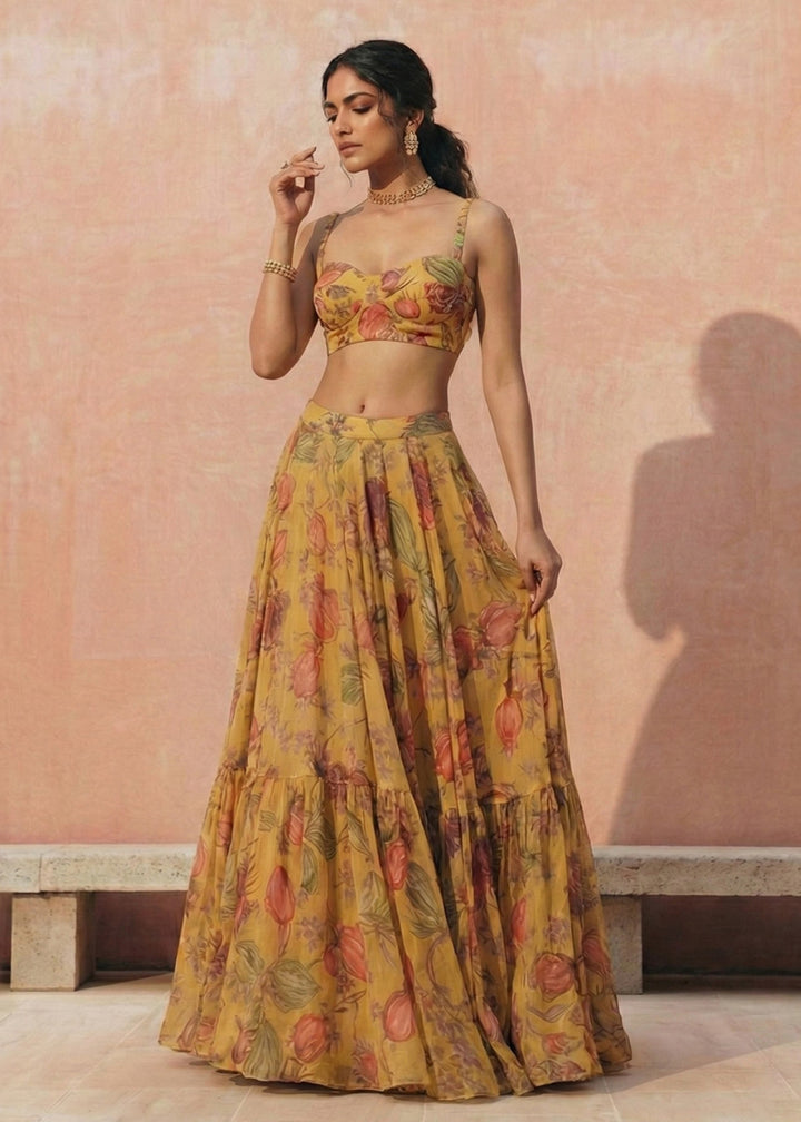 Buy Now Floral Printed Yellow Georgette Crop Top Lehenga Choli Online in US, UK, Canada, France, Germany, Sweden, Greece, Denmark, UAE & Worldwide at Empress.