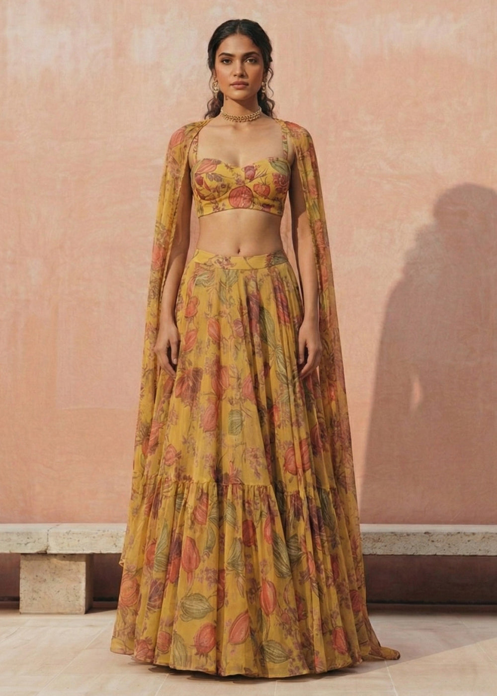 Buy Now Floral Printed Yellow Georgette Crop Top Lehenga Choli Online in US, UK, Canada, France, Germany, Sweden, Greece, Denmark, UAE & Worldwide at Empress.