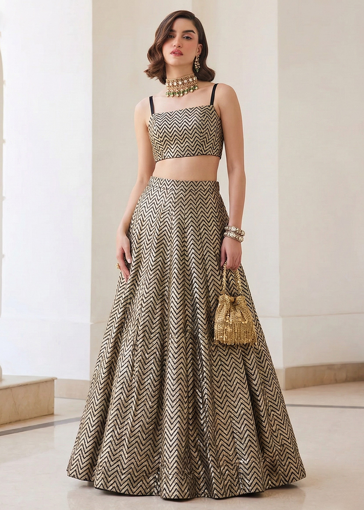 Buy Now Beige Crop Top Style Silk Party Wear Lehenga Set Online in USA, UK, France, Swiss, Netherlands, Germany, Italy, Qatar, Sweden & Worldwide at Empress.