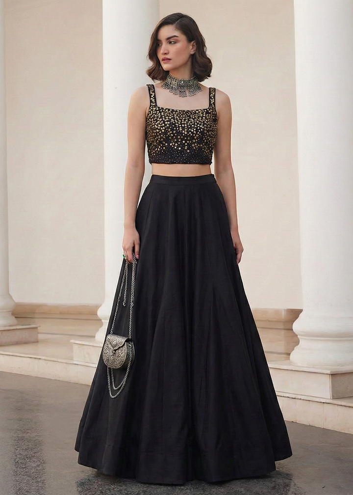 Buy Now Black Crop Top Style Silk Party Wear Lehenga Set Online in USA, UK, France, Swiss, Netherlands, Germany, Italy, Qatar, Sweden & Worldwide at Empress.