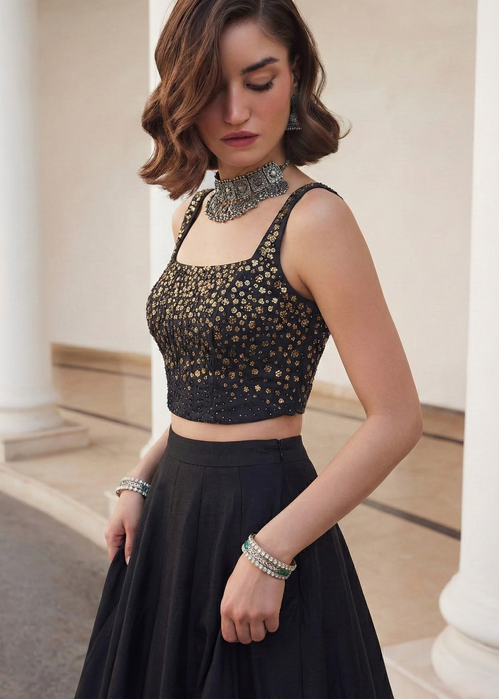 Buy Now Black Crop Top Style Silk Party Wear Lehenga Set Online in USA, UK, France, Swiss, Netherlands, Germany, Italy, Qatar, Sweden & Worldwide at Empress.