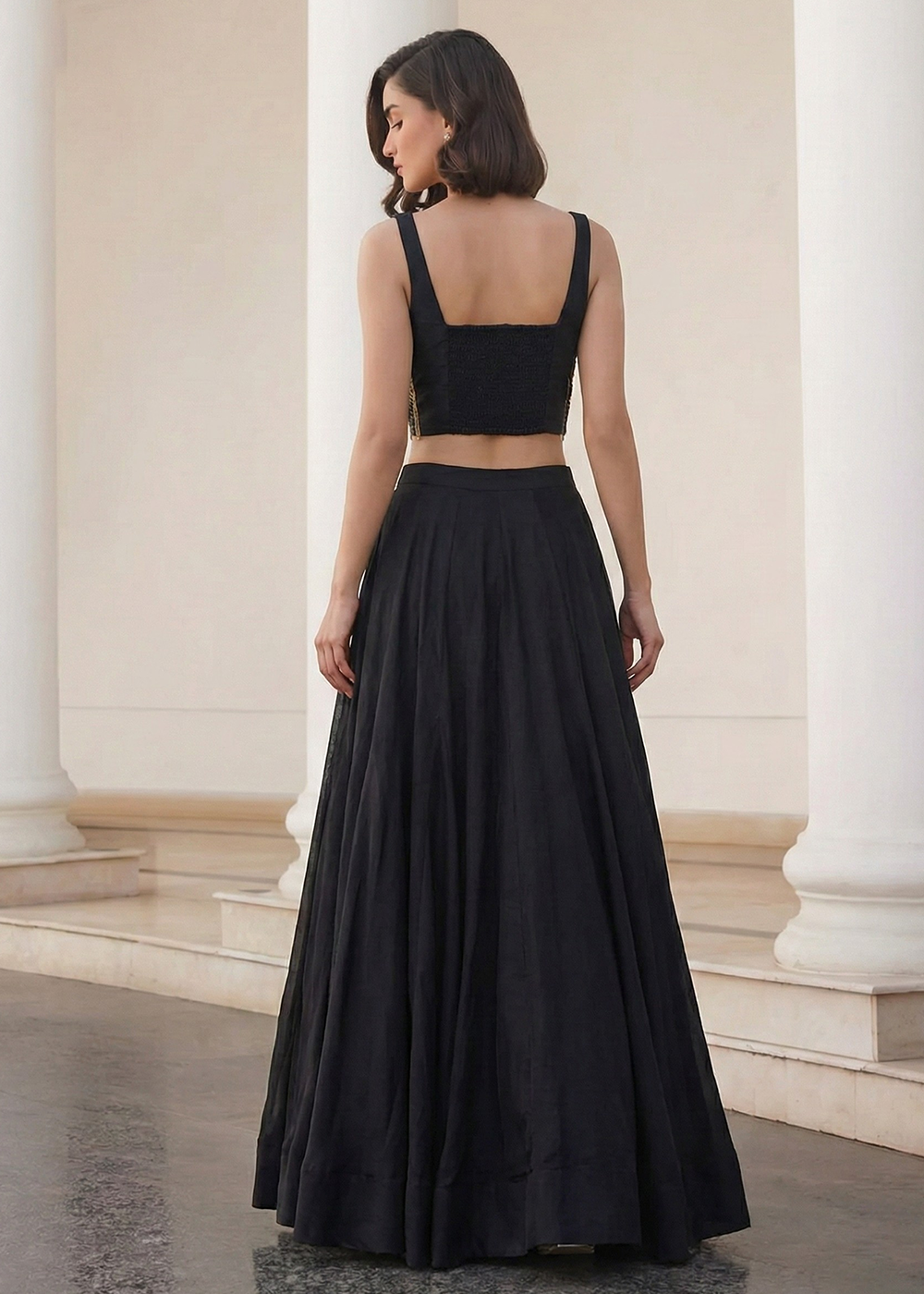 Buy Now Black Crop Top Style Silk Party Wear Lehenga Set Online in USA, UK, France, Swiss, Netherlands, Germany, Italy, Qatar, Sweden & Worldwide at Empress.