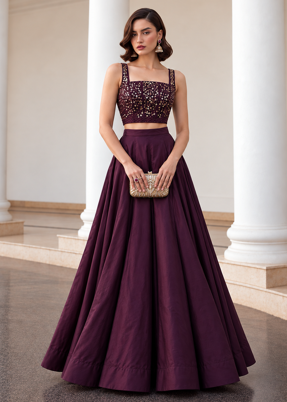 Buy Now Burgundy Crop Top Style Silk Party Wear Lehenga Set Online in USA, UK, France, Swiss, Netherlands, Germany, Italy, Qatar, Sweden &amp; Worldwide at Empress.