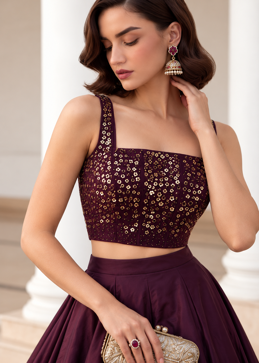Buy Now Burgundy Crop Top Style Silk Party Wear Lehenga Set Online in USA, UK, France, Swiss, Netherlands, Germany, Italy, Qatar, Sweden &amp; Worldwide at Empress.