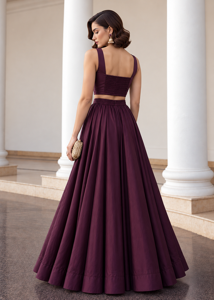 Buy Now Burgundy Crop Top Style Silk Party Wear Lehenga Set Online in USA, UK, France, Swiss, Netherlands, Germany, Italy, Qatar, Sweden &amp; Worldwide at Empress.