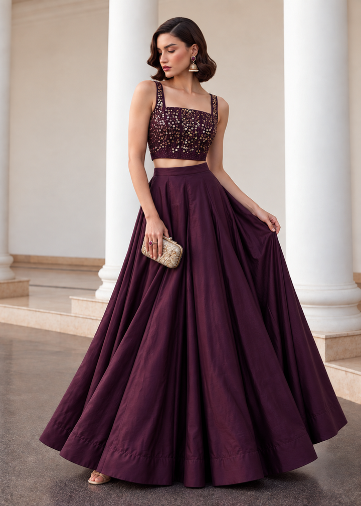 Buy Now Burgundy Crop Top Style Silk Party Wear Lehenga Set Online in USA, UK, France, Swiss, Netherlands, Germany, Italy, Qatar, Sweden &amp; Worldwide at Empress.