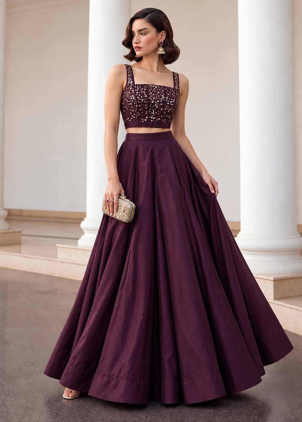 Buy Now Burgundy Crop Top Style Silk Party Wear Lehenga Set Online in USA, UK, France, Swiss, Netherlands, Germany, Italy, Qatar, Sweden &amp; Worldwide at Empress.