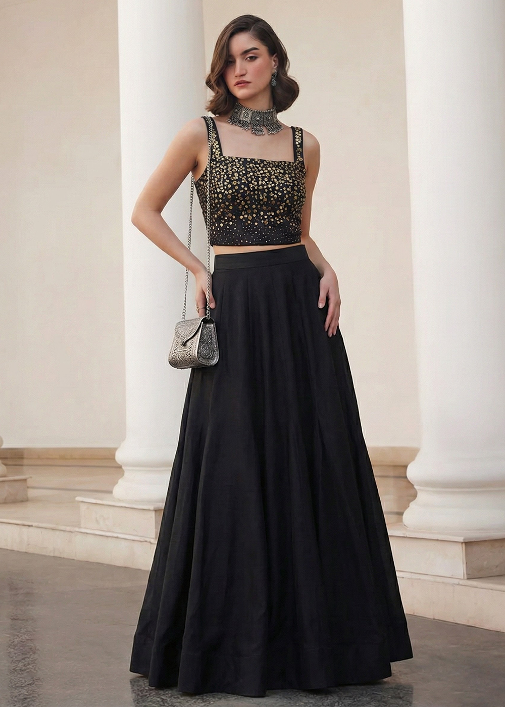 Buy Now Black Crop Top Style Silk Party Wear Lehenga Set Online in USA, UK, France, Swiss, Netherlands, Germany, Italy, Qatar, Sweden & Worldwide at Empress.